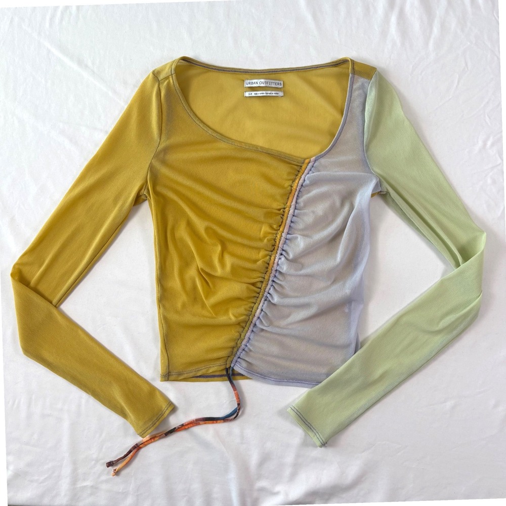 Urban Outfitters Shona Mesh Cinched Crop Top S Colorblock Tie Rave Club Festival - Picture 6 of 8